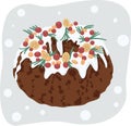 Cute delicious Christmas cake with berries and holly on light background with falling snow vector flat illustration. Bake pies